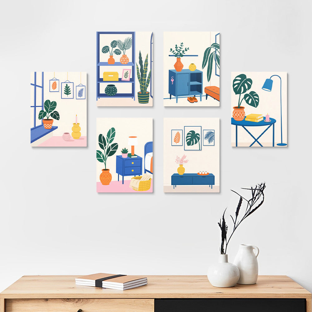 Plantes en Pot Vertes dans la Pièce 6 Mini Peintures par Numéros