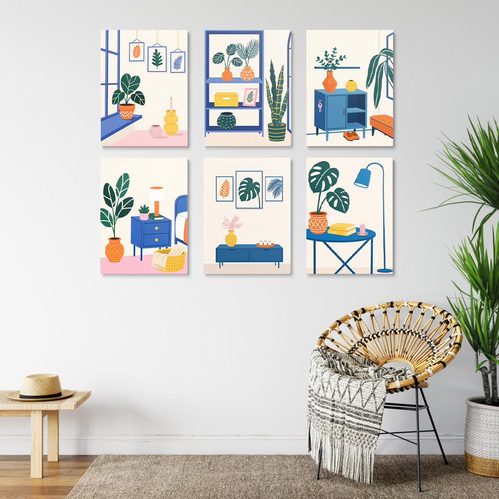 Plantes en Pot Vertes dans la Pièce 6 Mini Peintures par Numéros