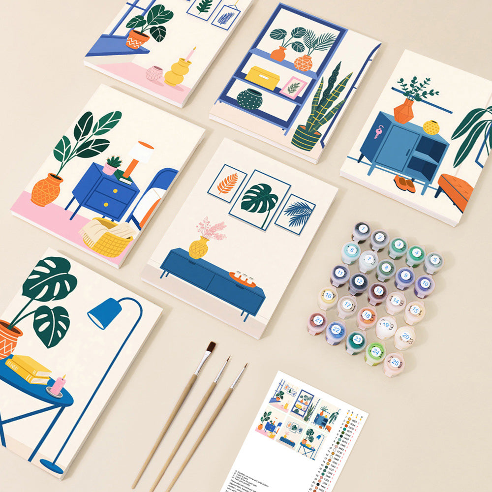 Plantes en Pot Vertes dans la Pièce 6 Mini Peintures par Numéros