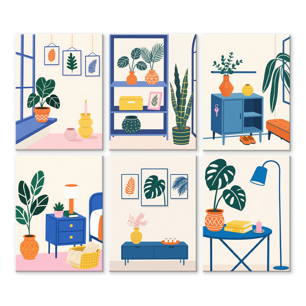Plantes en Pot Vertes dans la Pièce 6 Mini Peintures par Numéros