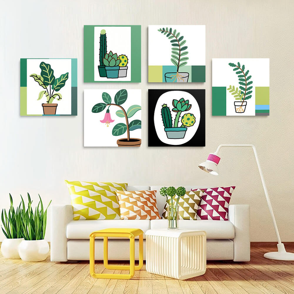 Plantes en Pot Vertes Simples 6 Mini Peintures par Numéros