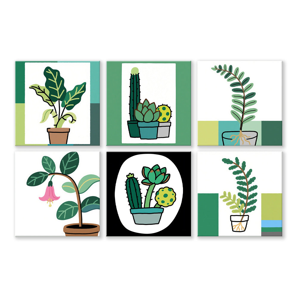 Plantes en Pot Vertes Simples 6 Mini Peintures par Numéros