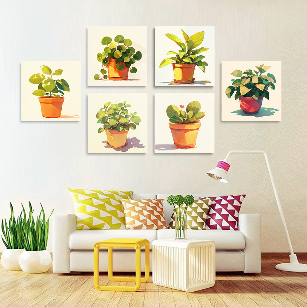 Plantes Vertes en Pot 6 Mini Peintures par Numéros