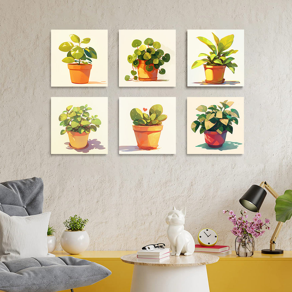 Plantes Vertes en Pot 6 Mini Peintures par Numéros