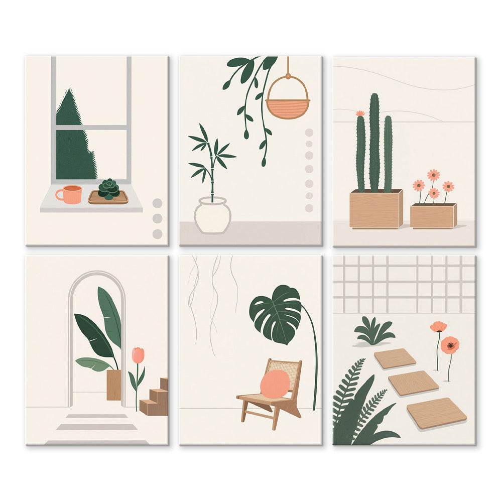 Plantes Vertes Simples et Calmes 6 Mini Peintures par Numéros