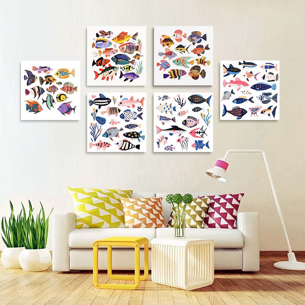 Poissons Colorés Variés 6 Mini Peintures par Numéros