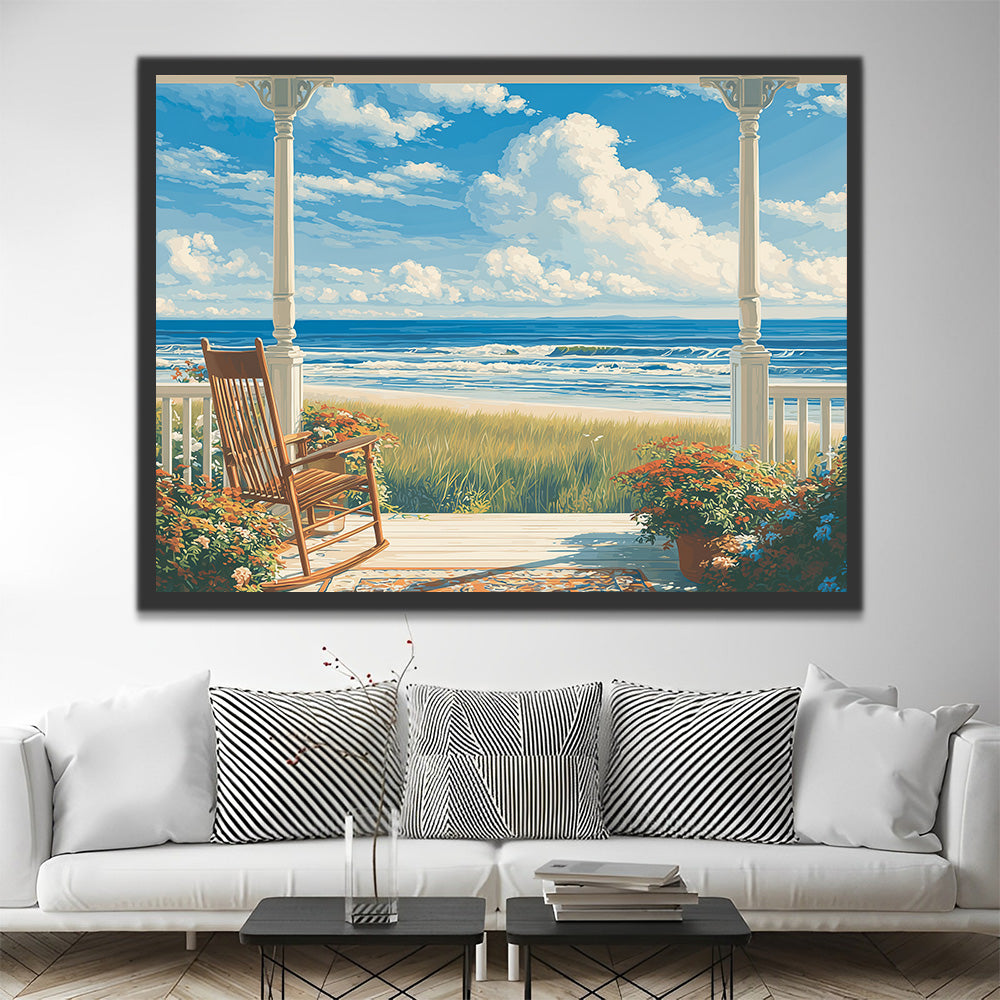 Porche Blanc au Bord de la Mer Peinture par Numéros