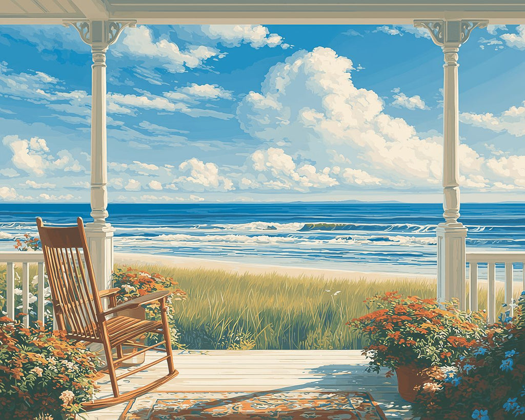 Porche Blanc au Bord de la Mer Peinture par Numéros