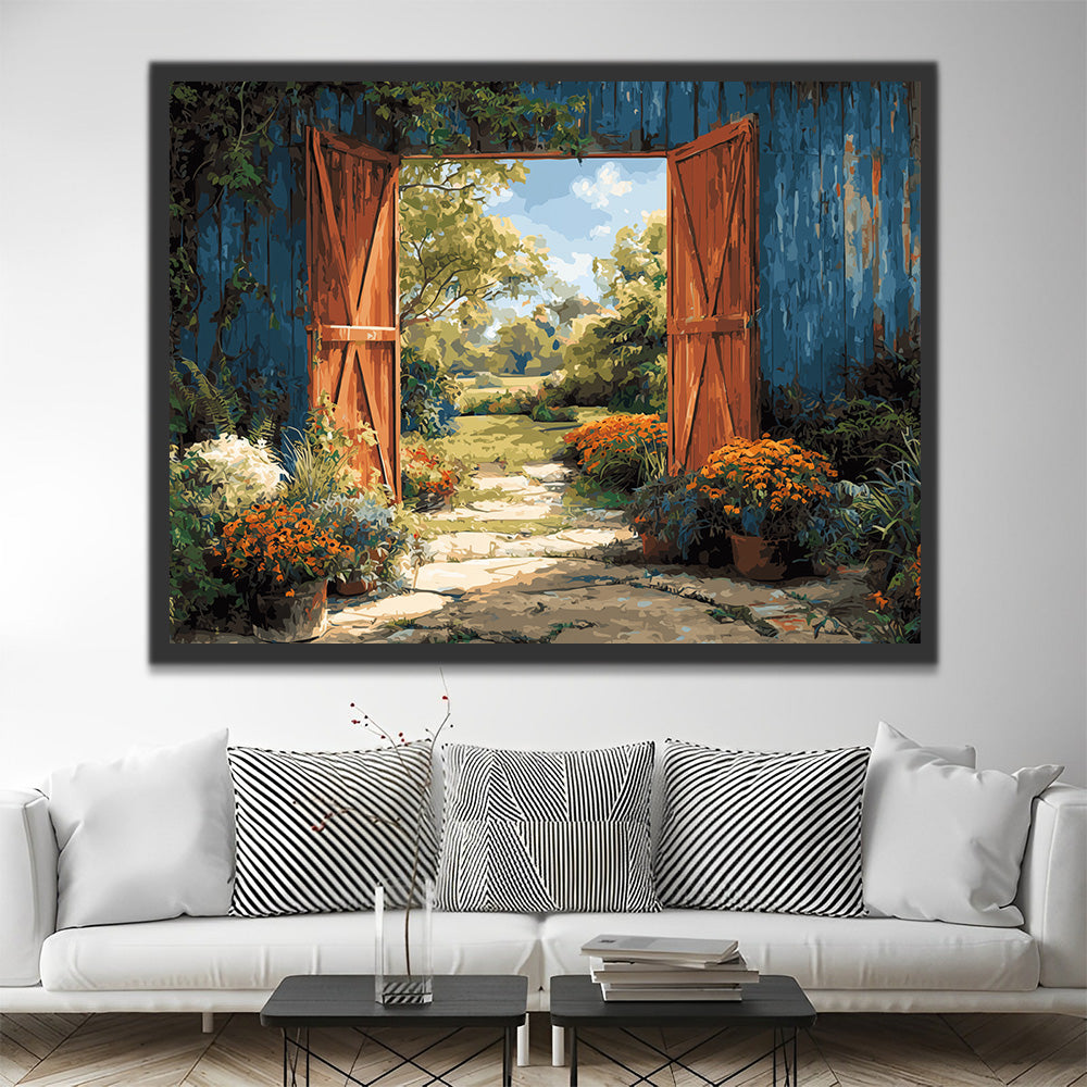 Porte en Bois Bleue et Fleurs en Pot à la Campagne Peinture par Numéros