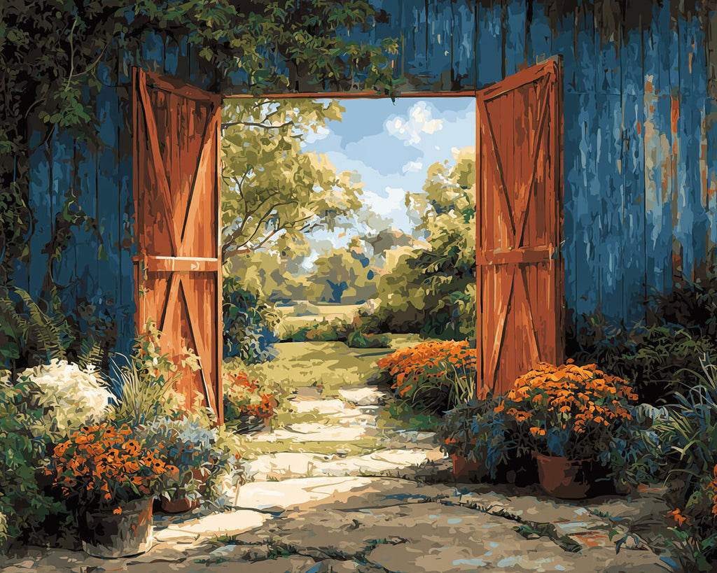 Porte en Bois Bleue et Fleurs en Pot à la Campagne Peinture par Numéros