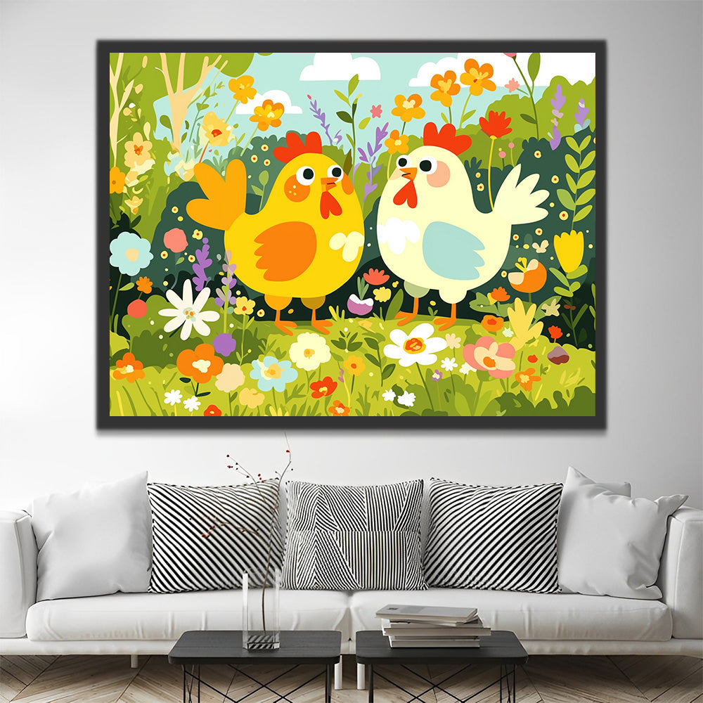 Poules dans un Champ de Fleurs Sauvages au Printemps Peinture par Numéros