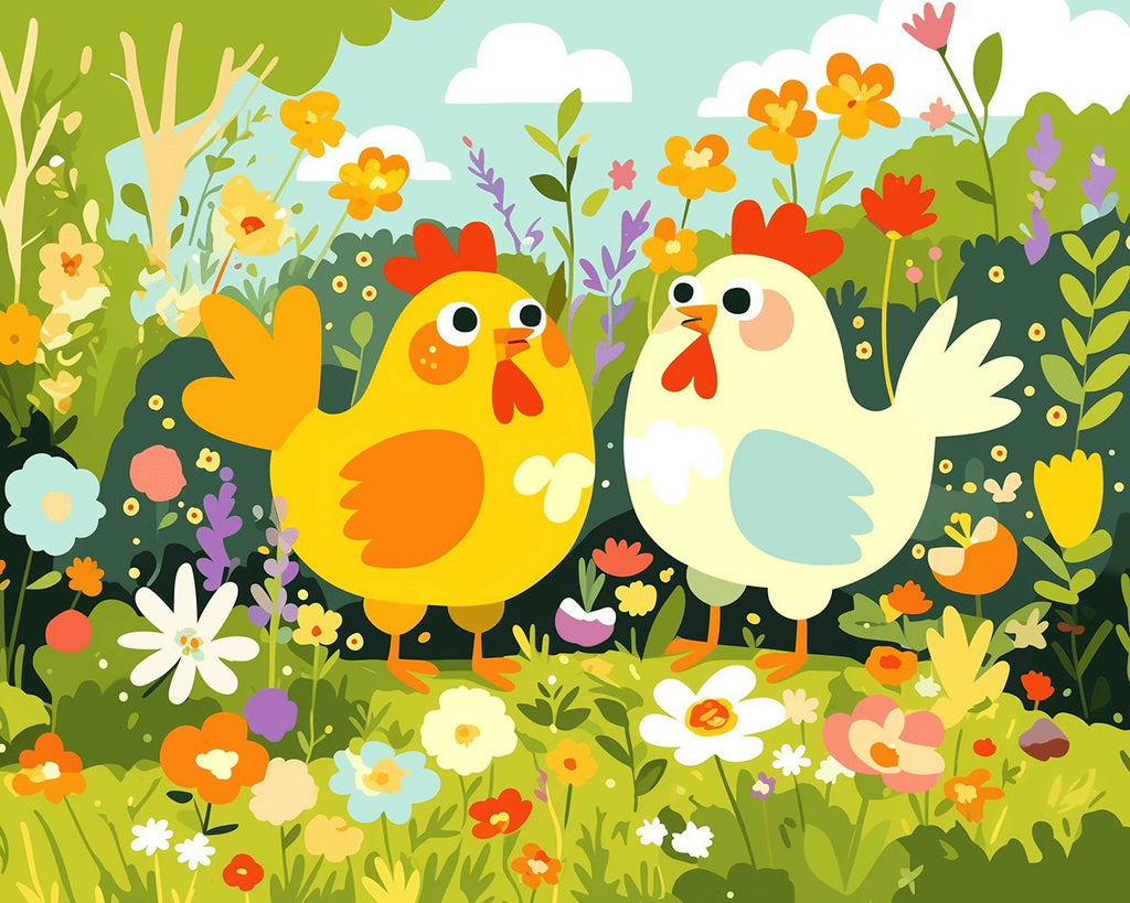 Poules dans un Champ de Fleurs Sauvages au Printemps Peinture par Numéros