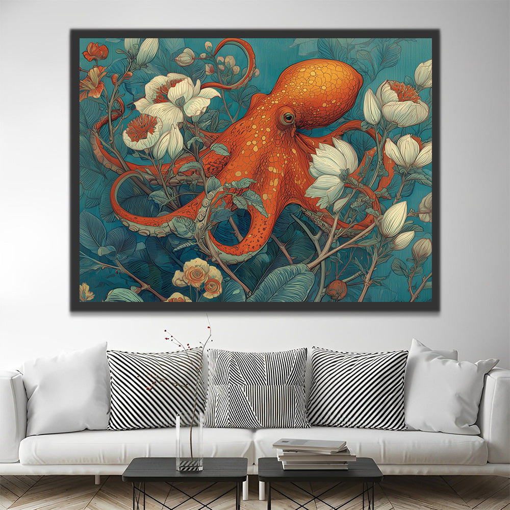 Poulpe Orange Enlacé avec des Vignes de Fleurs Blanches Peinture par Numéros