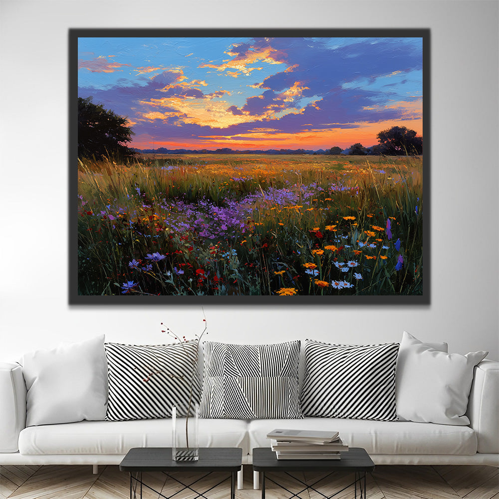 Prairie Pleine de Fleurs Sauvages au Crépuscule Peinture par Numéros