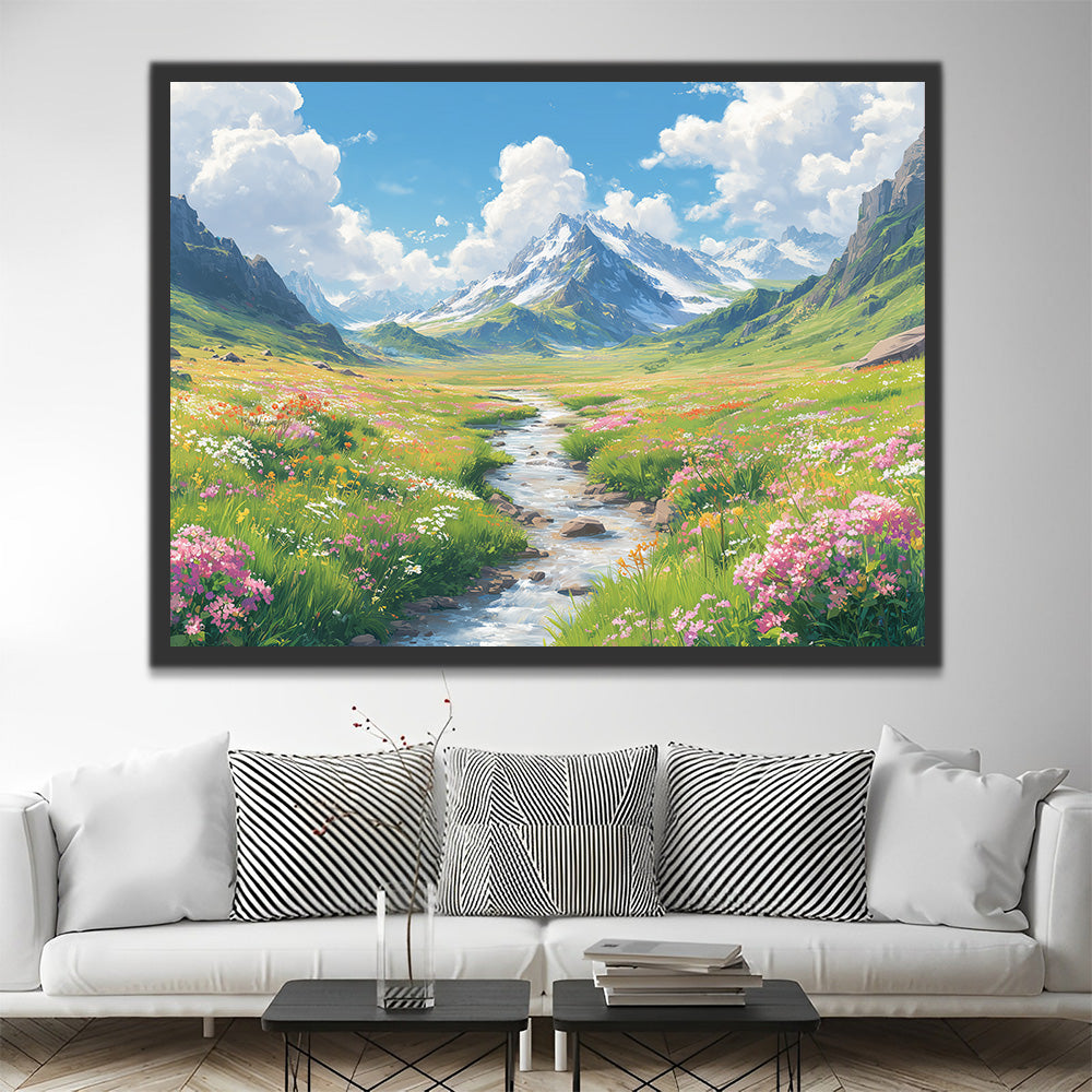 Prairies Fleuries et Ruisseau au Pied de la Montagne Peinture par Numéros