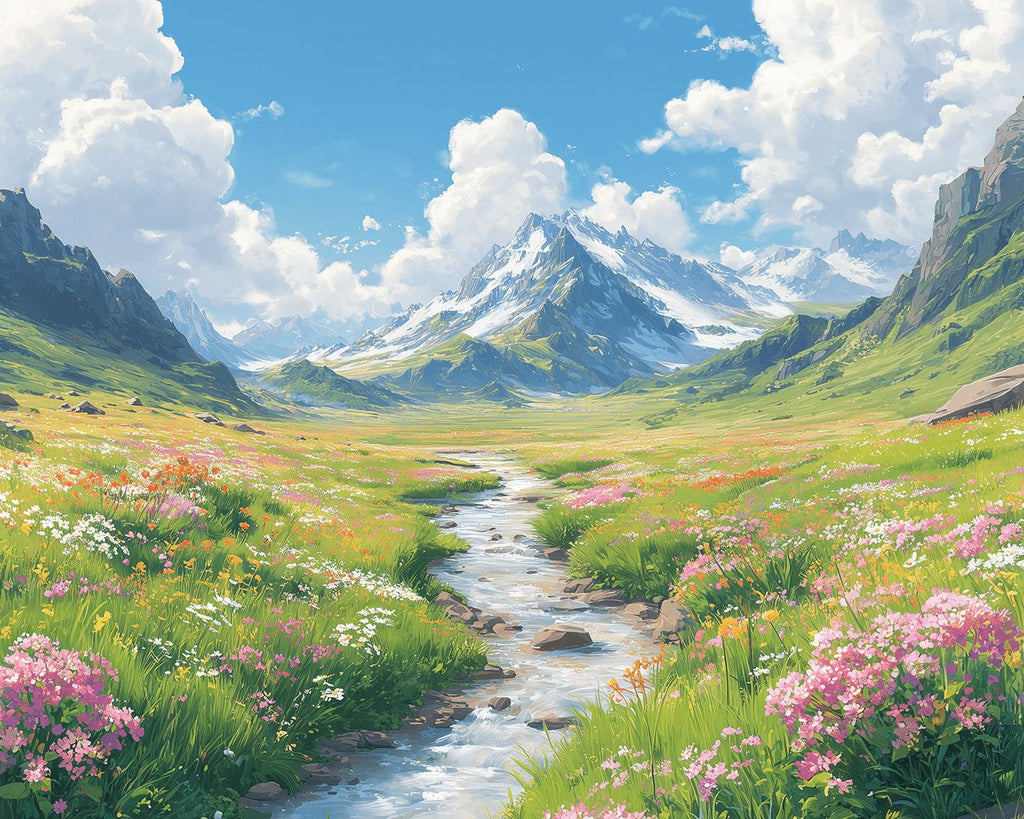Prairies Fleuries et Ruisseau au Pied de la Montagne Peinture par Numéros