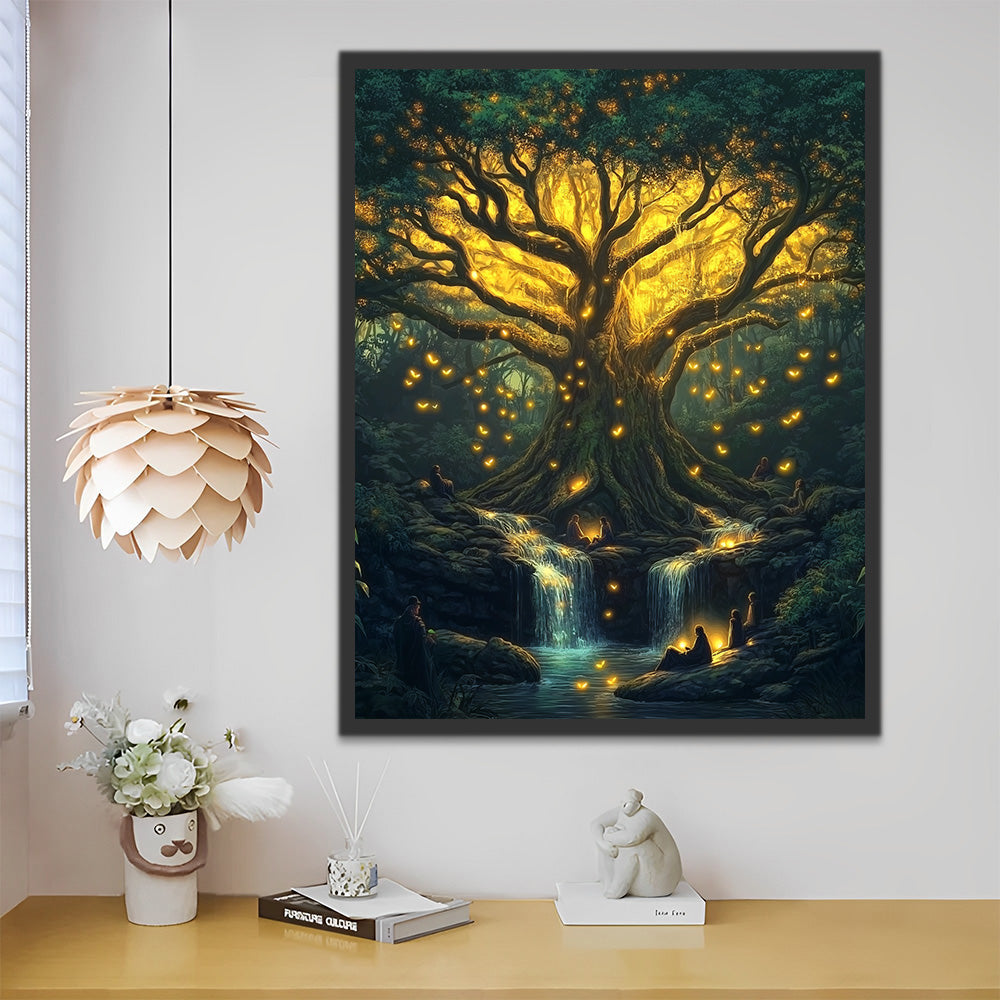 Praticiens sous l'Arbre à Lumière Dorée Mystérieuse Peinture par Numéros