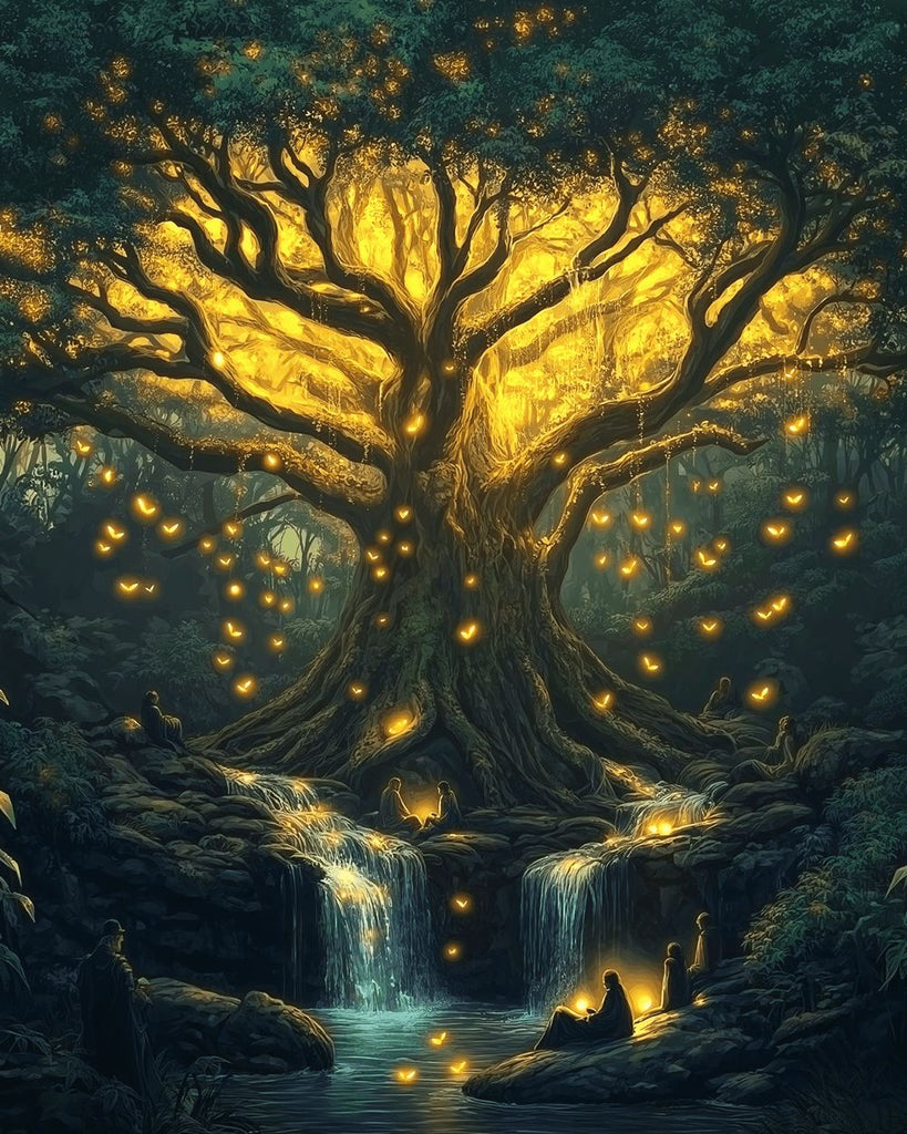 Praticiens sous l'Arbre à Lumière Dorée Mystérieuse Peinture par Numéros