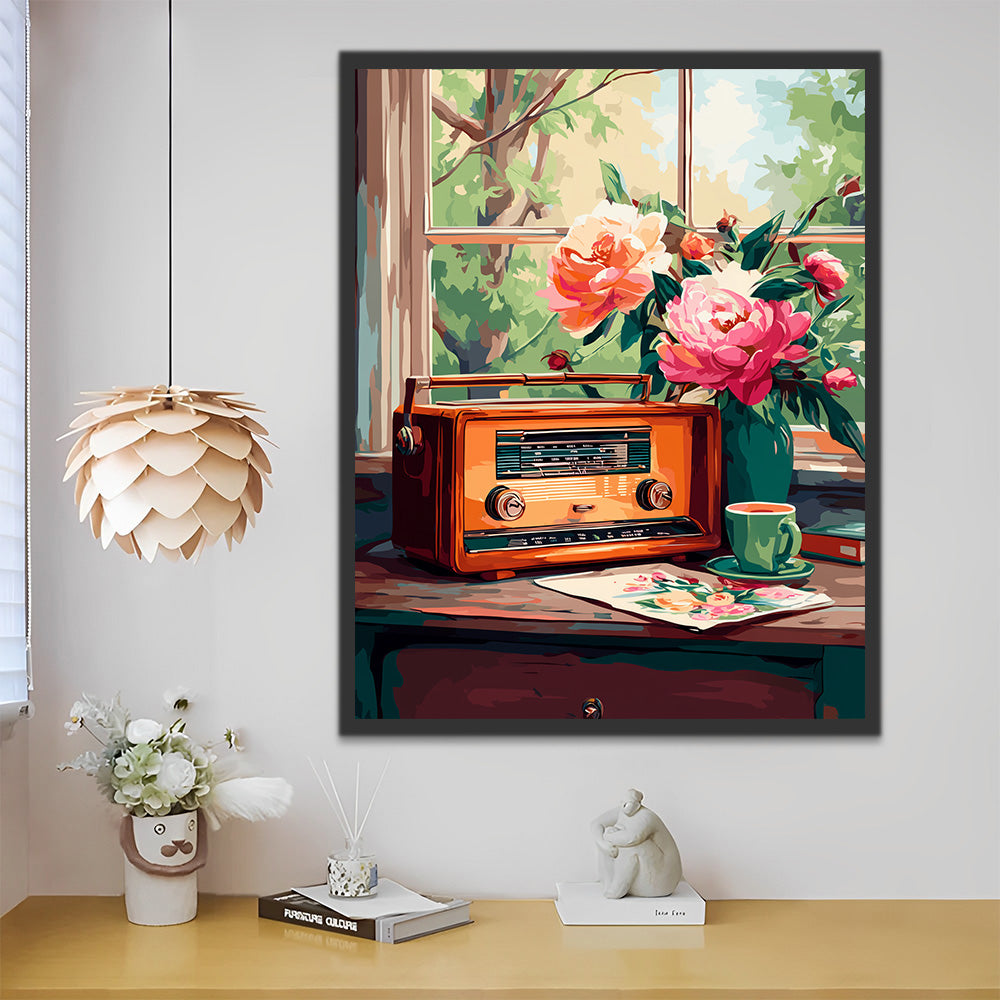 Radio et Pivoines sur le Rebord de Fenêtre Peinture par Numéros