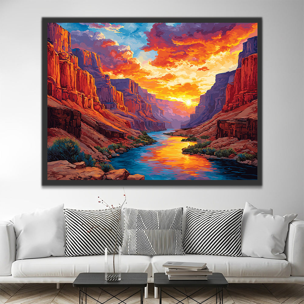 Rivière entre les Montagnes au Coucher du Soleil Peinture par Numéros