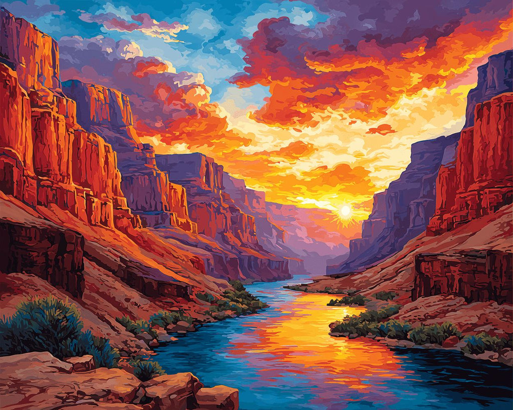 Rivière entre les Montagnes au Coucher du Soleil Peinture par Numéros