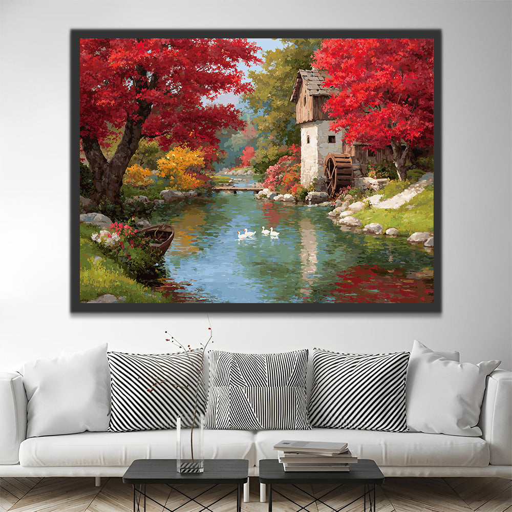 Rivière et Petite Maison dans la Forêt Peinture par Numéros