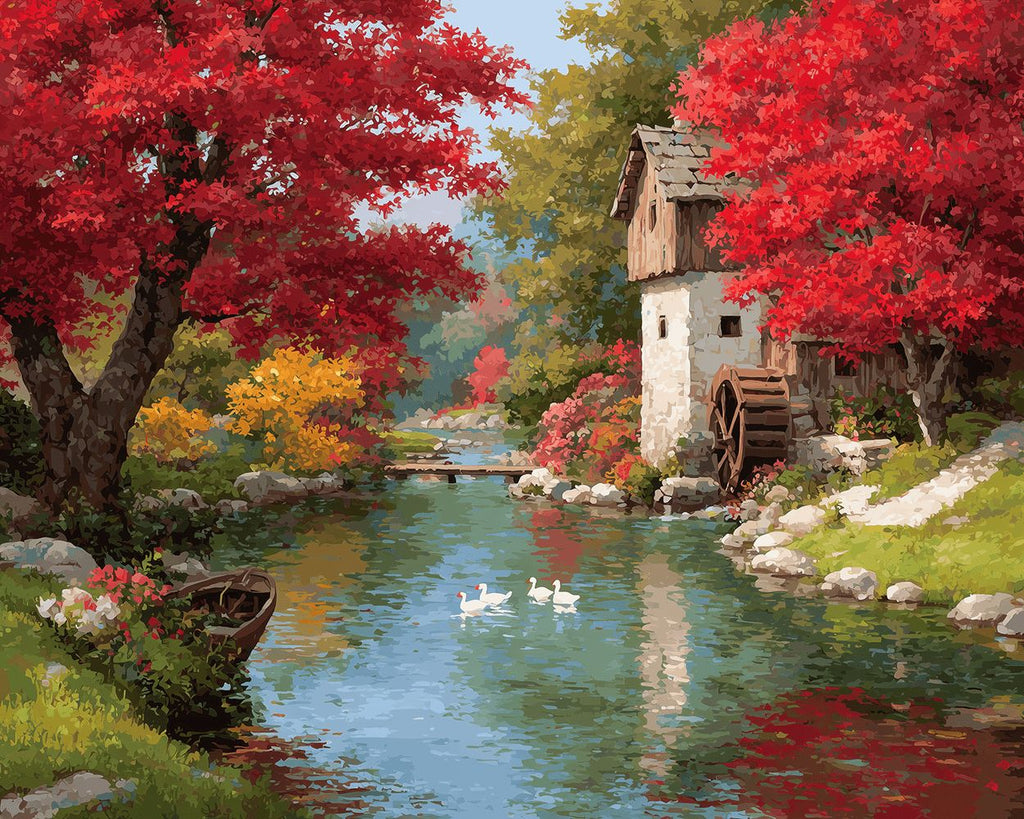 Rivière et Petite Maison dans la Forêt Peinture par Numéros
