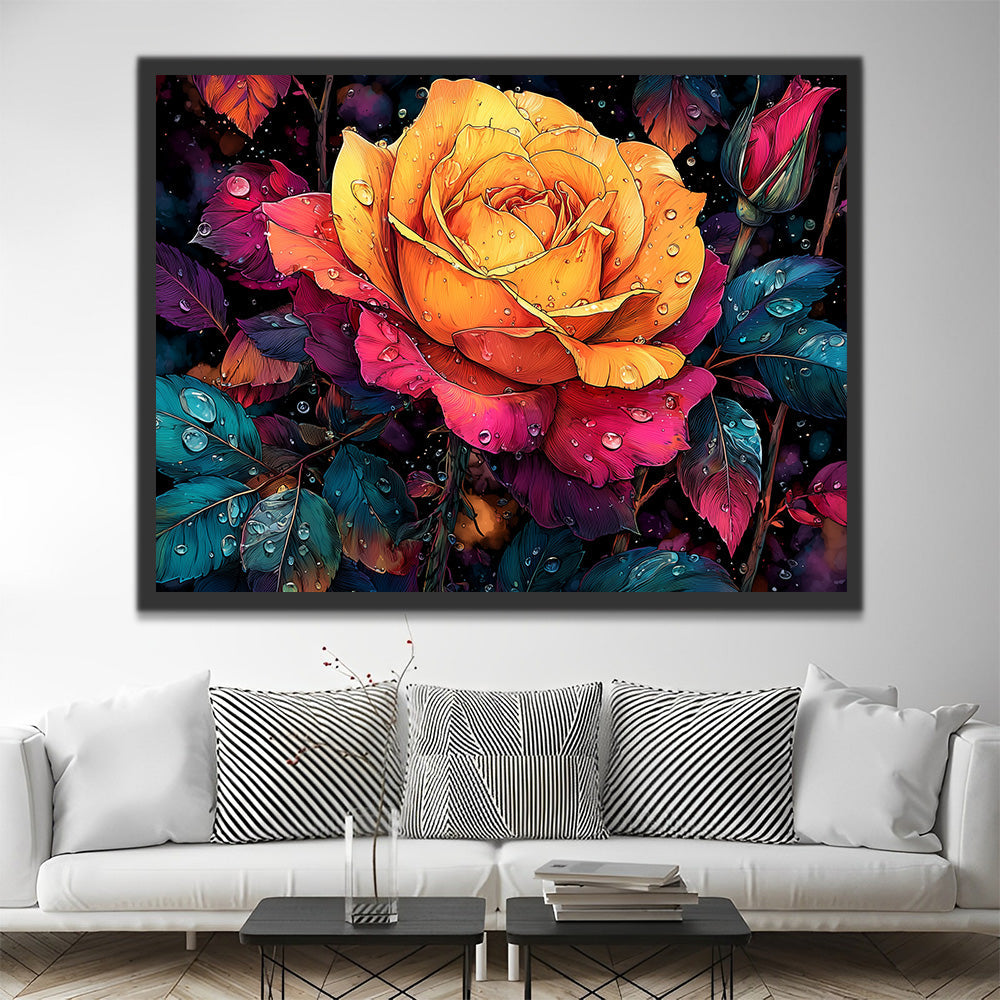 Rose Rouge et Orange avec Gouttes de Rosée Peinture par Numéros