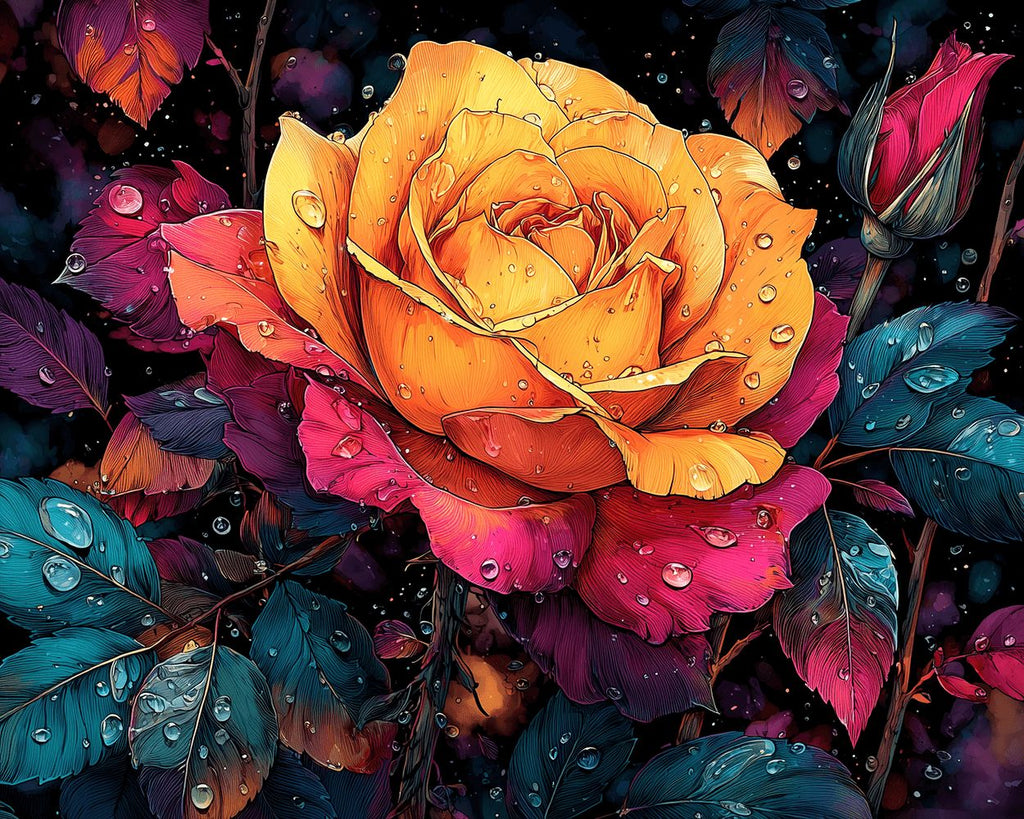 Rose Rouge et Orange avec Gouttes de Rosée Peinture par Numéros