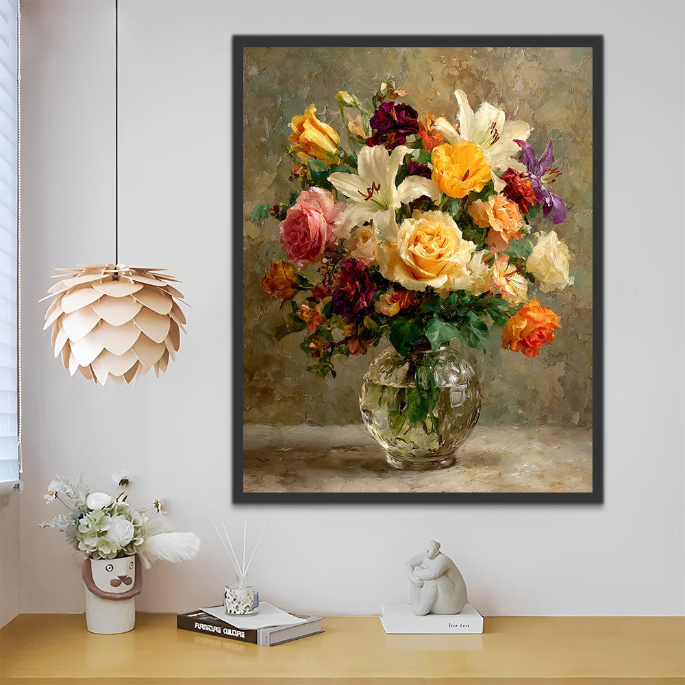Roses et Lys Colorés dans un Vase en Verre Transparent Peinture par Numéros