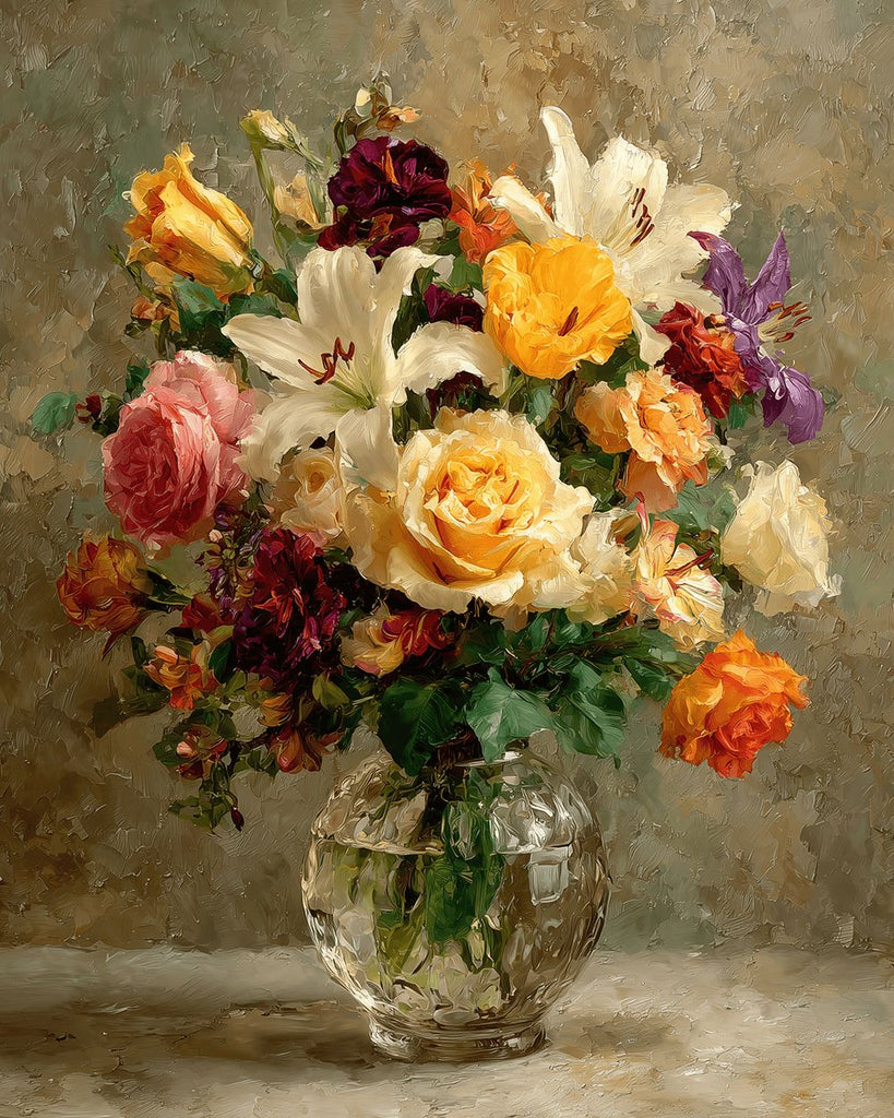 Roses et Lys Colorés dans un Vase en Verre Transparent Peinture par Numéros