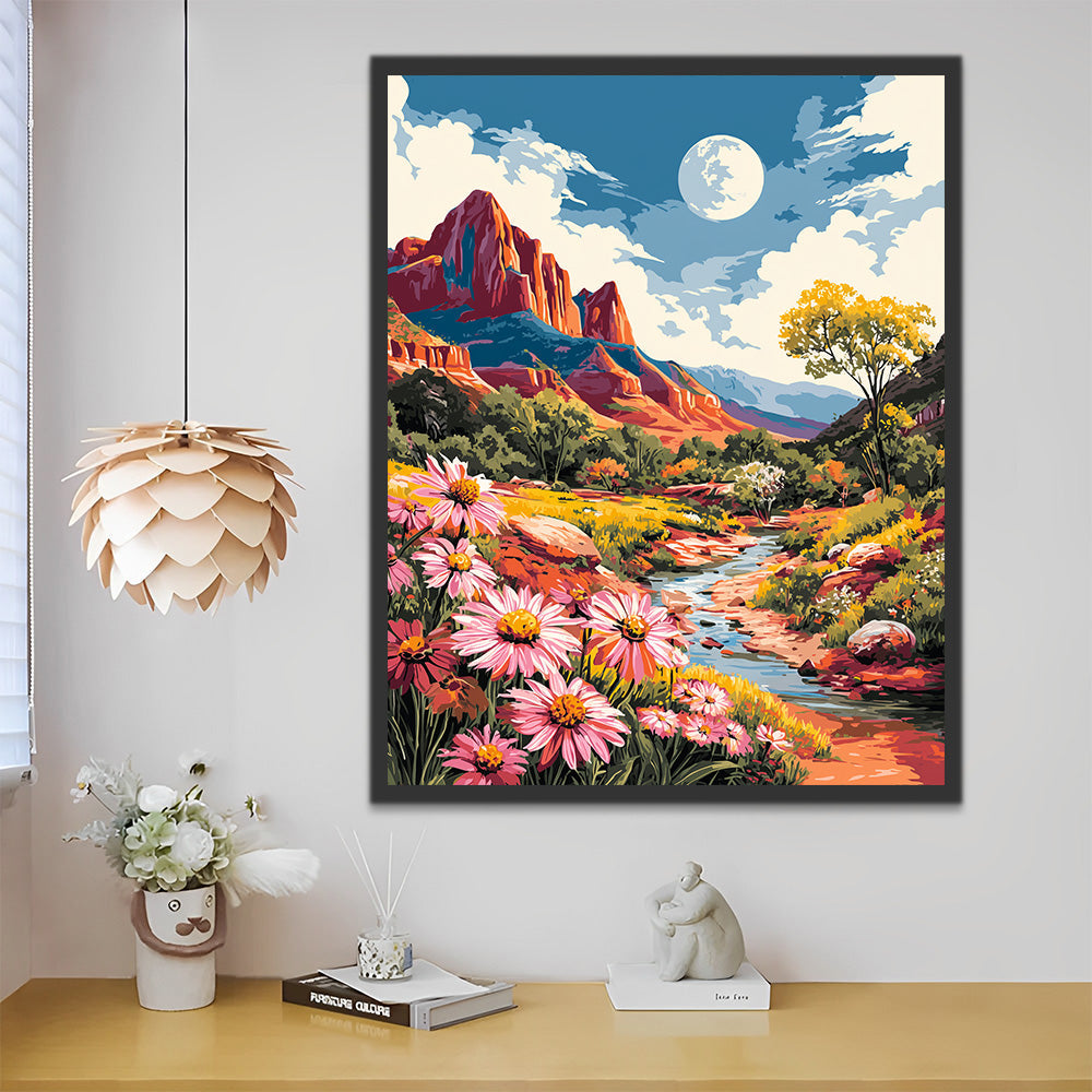 Ruisseau et Chrysanthèmes Roses dans la Vallée Peinture par Numéros