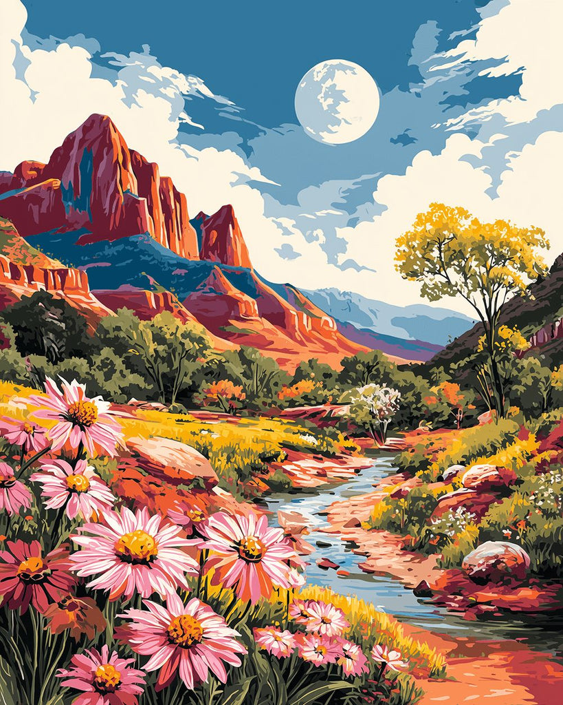 Ruisseau et Chrysanthèmes Roses dans la Vallée Peinture par Numéros