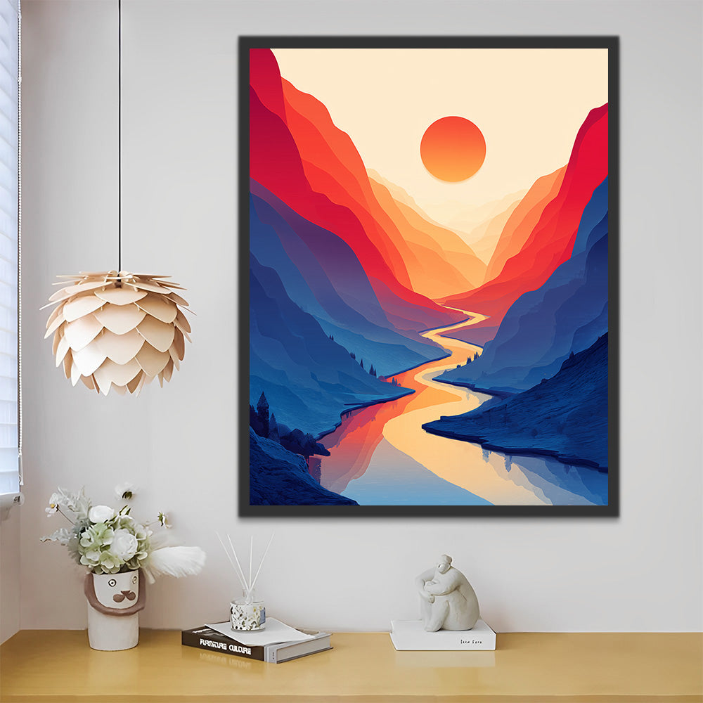 Ruisseau Sinueux dans les Montagnes au Lever du Soleil Peinture par Numéros