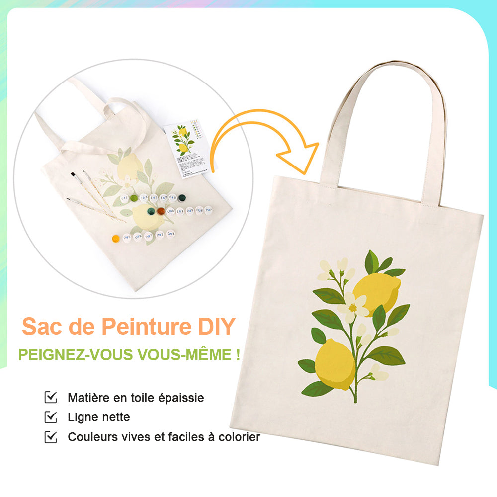 Sac Toile Citrons Jaunes et Fleurs Blanches Peinture par Numéros
