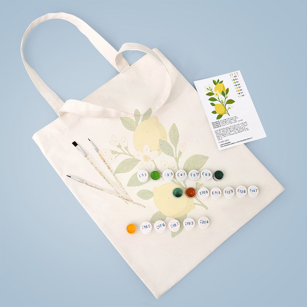 Sac Toile Citrons Jaunes et Fleurs Blanches Peinture par Numéros
