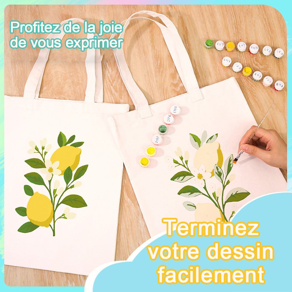 Sac Toile Citrons Jaunes et Fleurs Blanches Peinture par Numéros