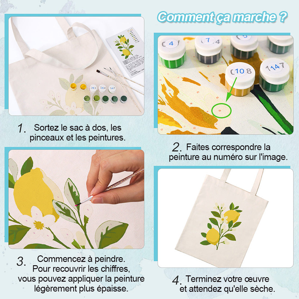 Sac Toile Citrons Jaunes et Fleurs Blanches Peinture par Numéros