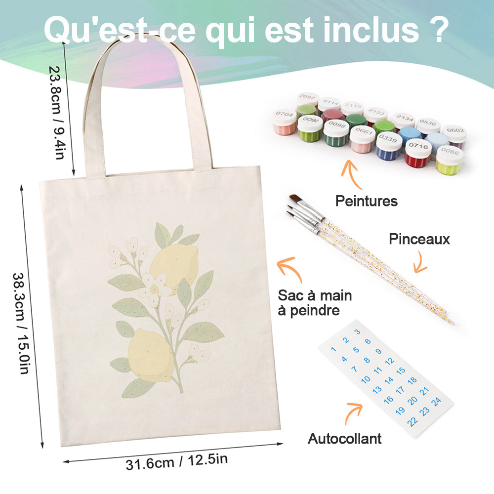 Sac Toile Citrons Jaunes et Fleurs Blanches Peinture par Numéros