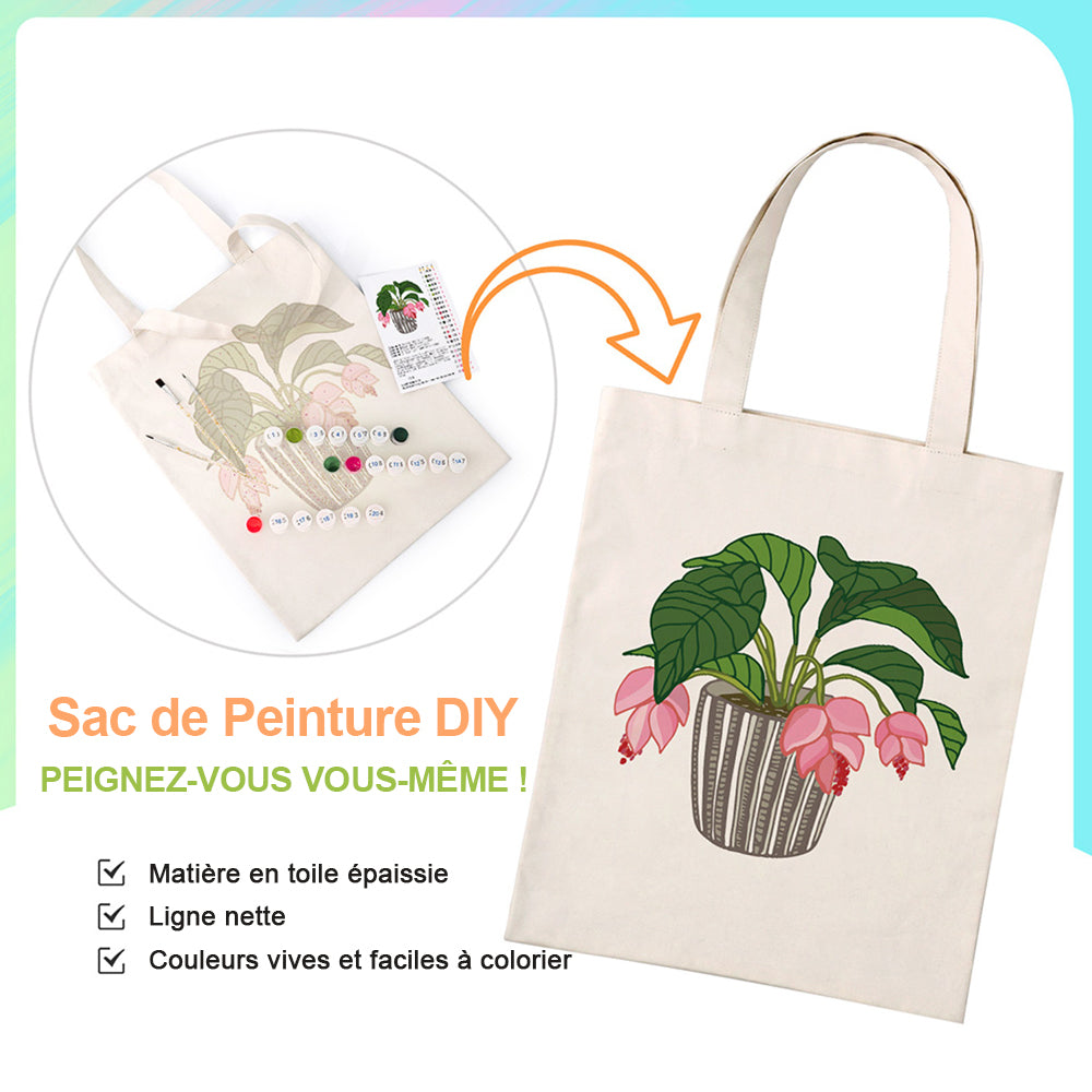 Sac Toile Fleurs et Feuilles en Vase de Verre Peinture par Numéros