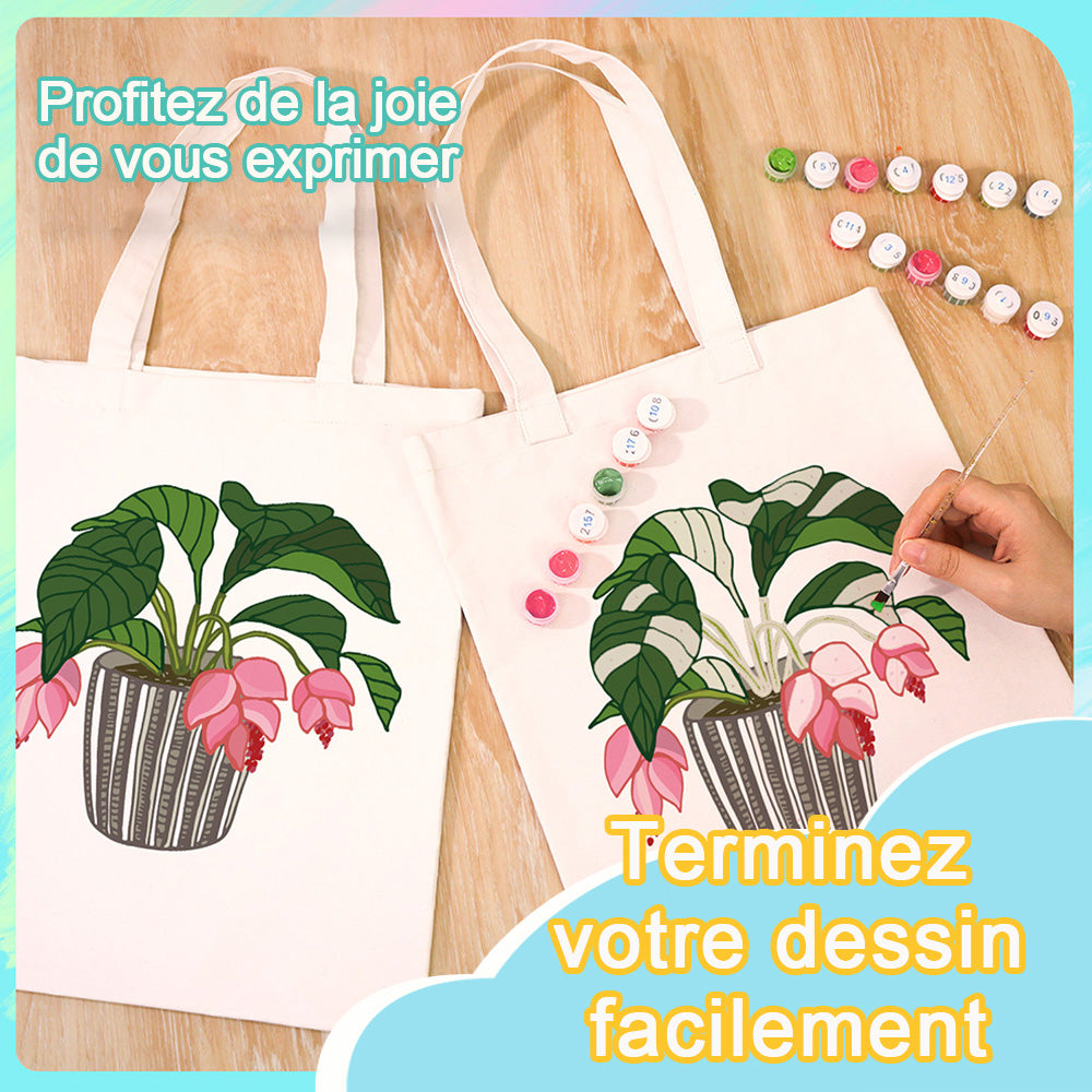 Sac Toile Fleurs et Feuilles en Vase de Verre Peinture par Numéros