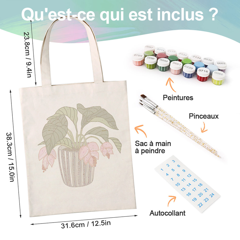 Sac Toile Fleurs et Feuilles en Vase de Verre Peinture par Numéros
