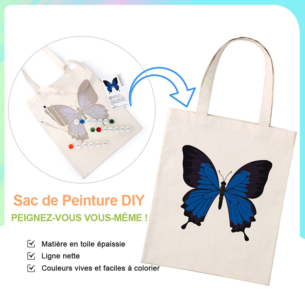 Sac Toile Papillon Bleu et Noir Peinture par Numéros