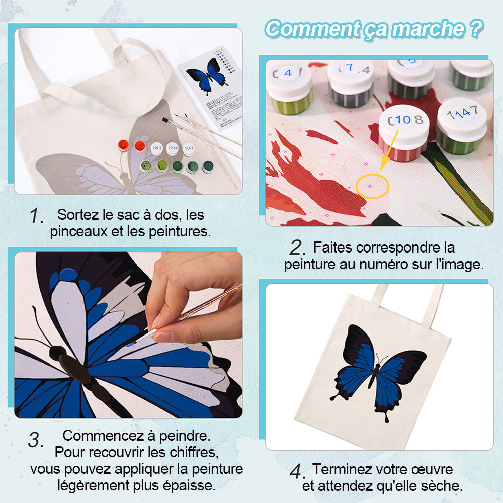 Sac Toile Papillon Bleu et Noir Peinture par Numéros