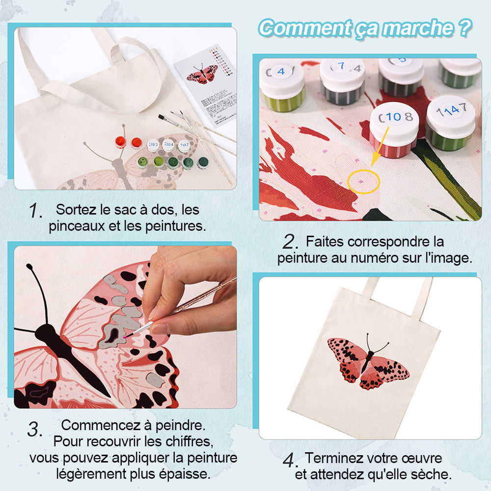Sac Toile Papillon Rose à Points Noirs Peinture par Numéros