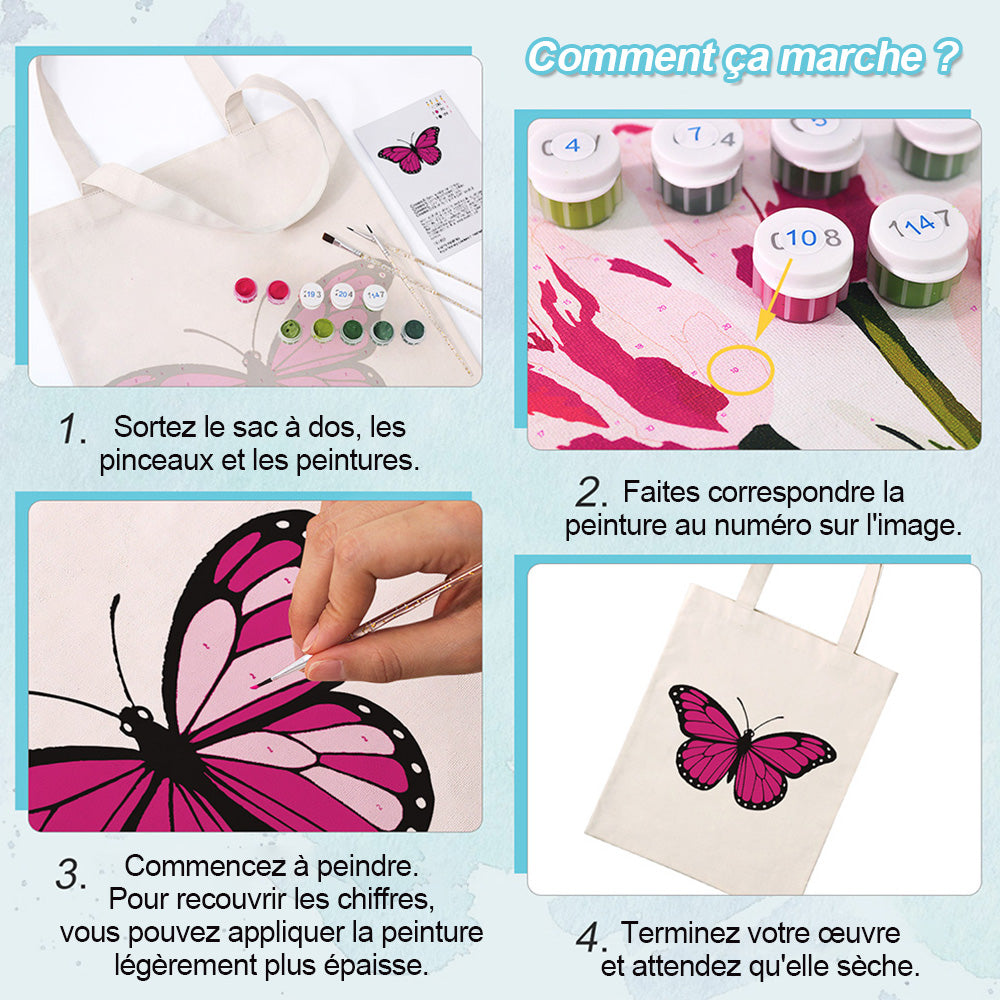 Sac Toile Papillon Rouge Rosé Peinture par Numéros