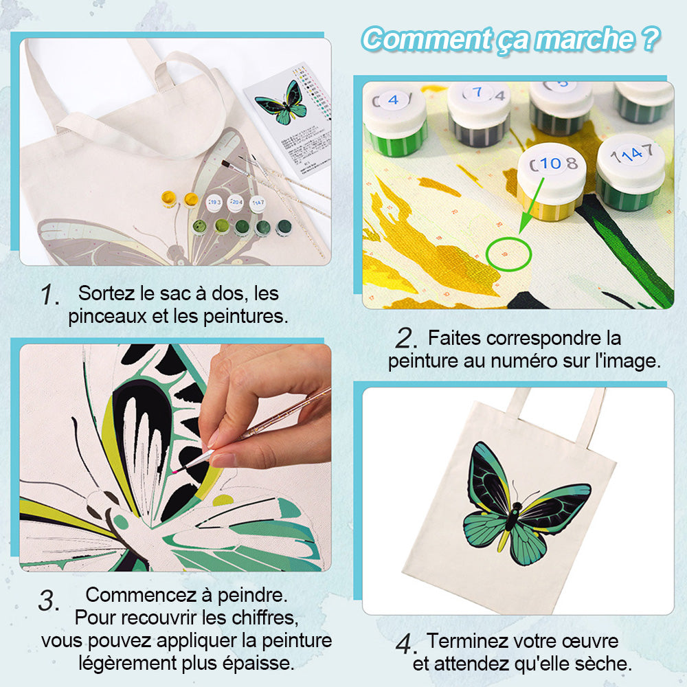 Sac Toile Papillon Vert Peinture par Numéros