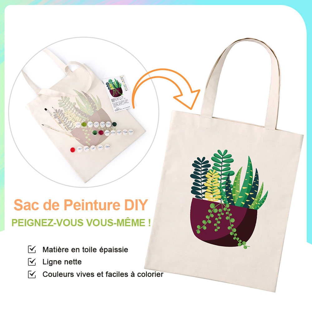 Sac Toile Petite Plante Verte en Pot Peinture par Numéros