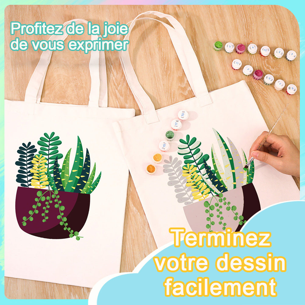 Sac Toile Petite Plante Verte en Pot Peinture par Numéros