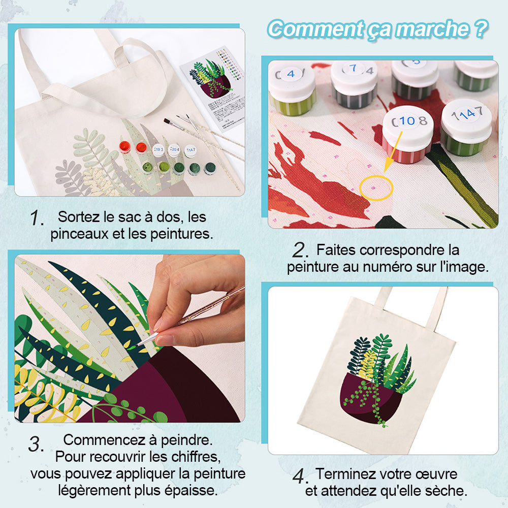 Sac Toile Petite Plante Verte en Pot Peinture par Numéros